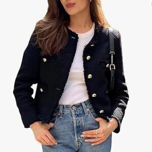 Women Black Tweed Buttons Front Top Jacket